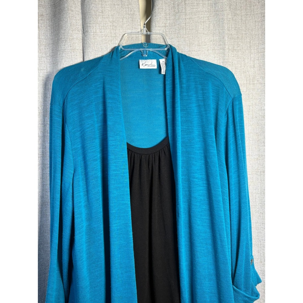 Kim Rogers Woman Teal Cardigan Black Tank Layered Look Top 2X Roll Tab Sleeve